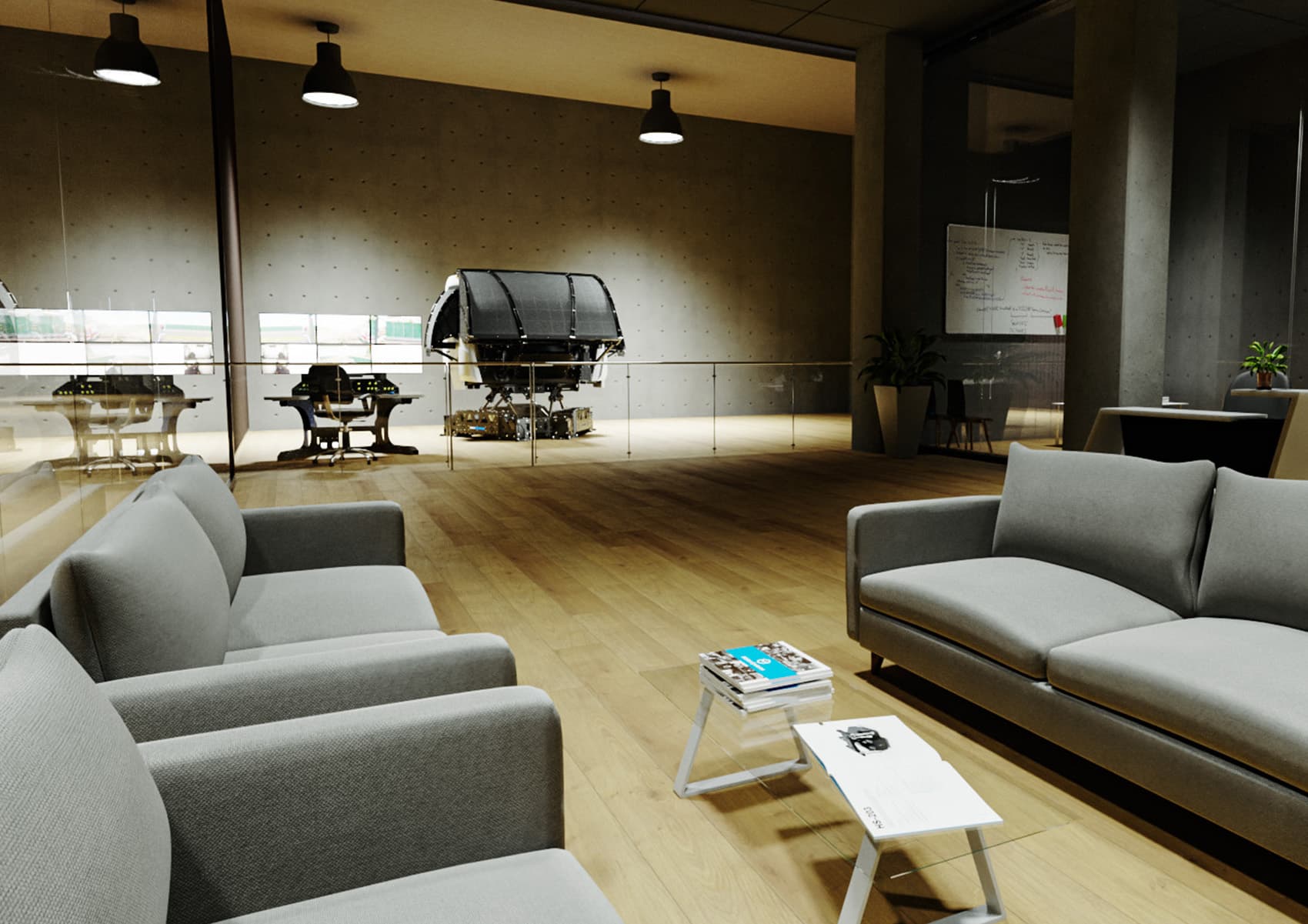TS-10 showroom - driver training environment with motion-platform cab visible through glass partition