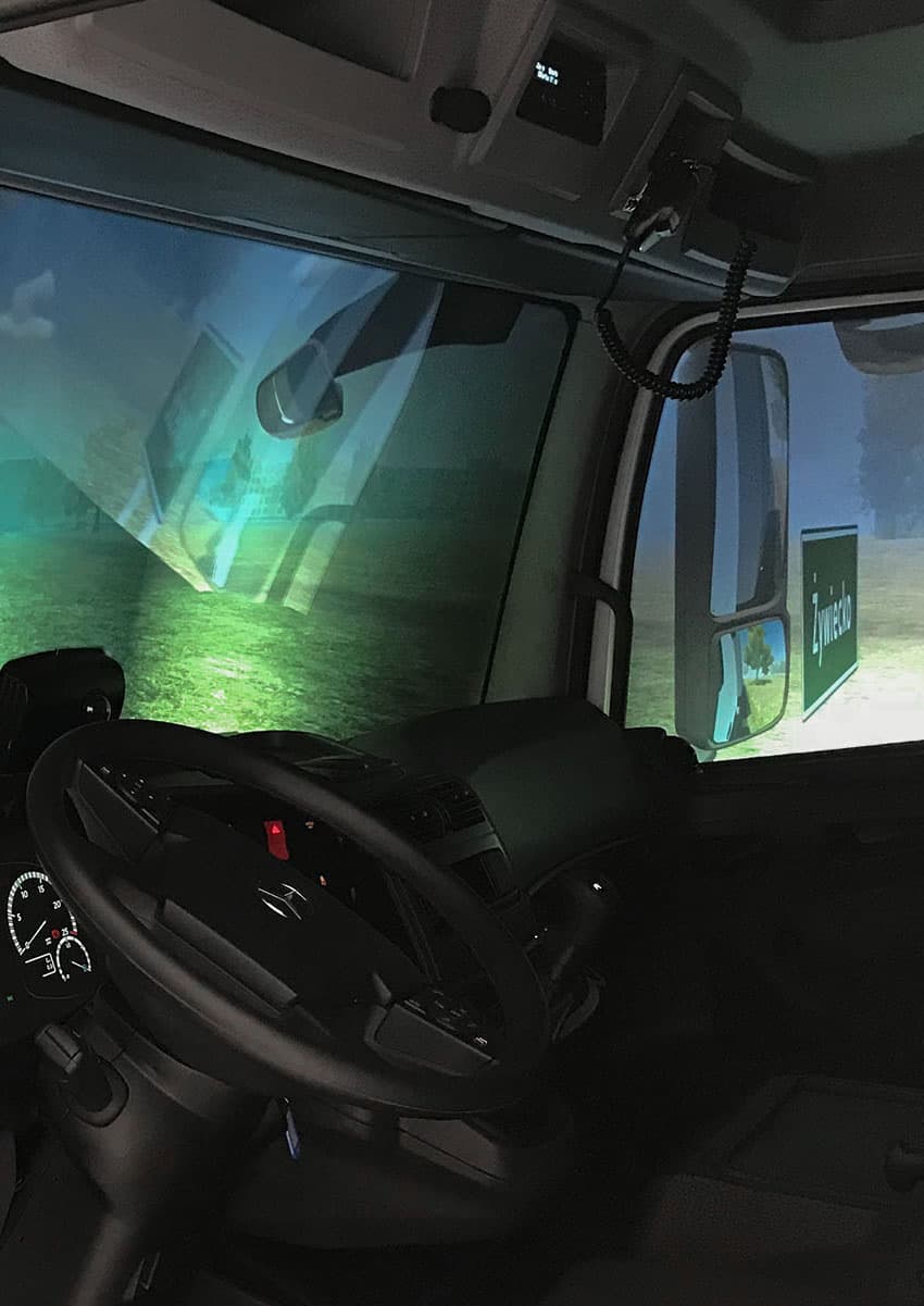 Original Mercedes truck cabin interior with dashboard and steering wheel