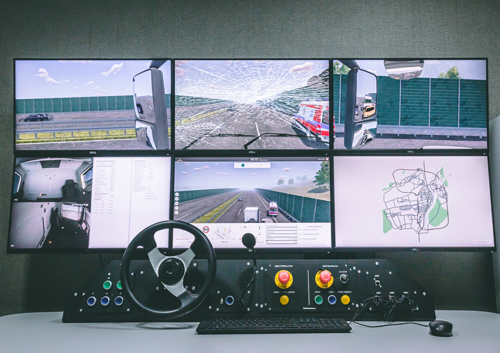 Multifunctional instructor workstation with six monitors and control panel