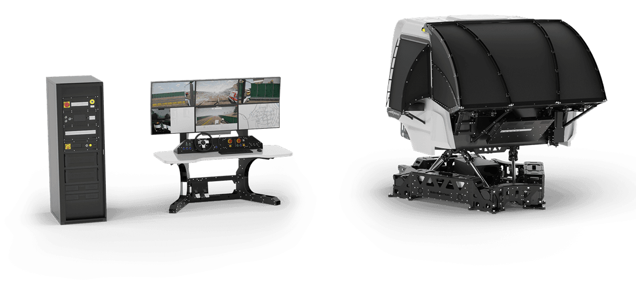 TS-10 system overview - instructor station, monitor wall and motion-platform cab