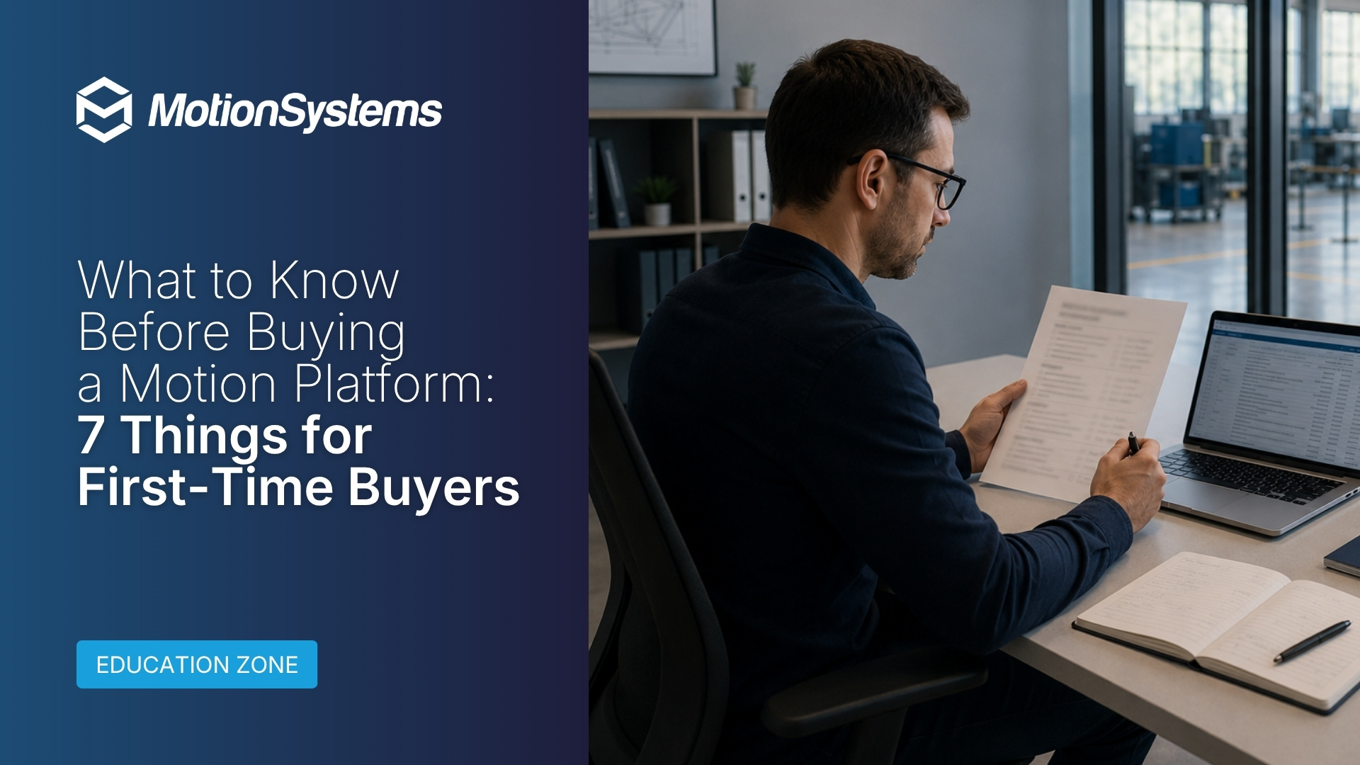 Motion Systems guide banner: seven things first-time buyers should check before buying a motion platform