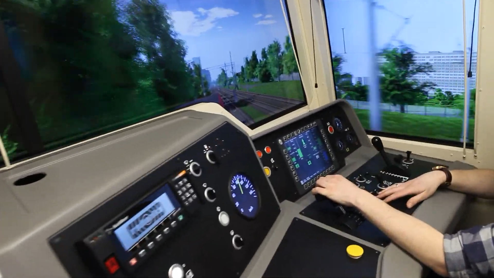 Train driver desk and controls inside the UTK full-cabin simulator