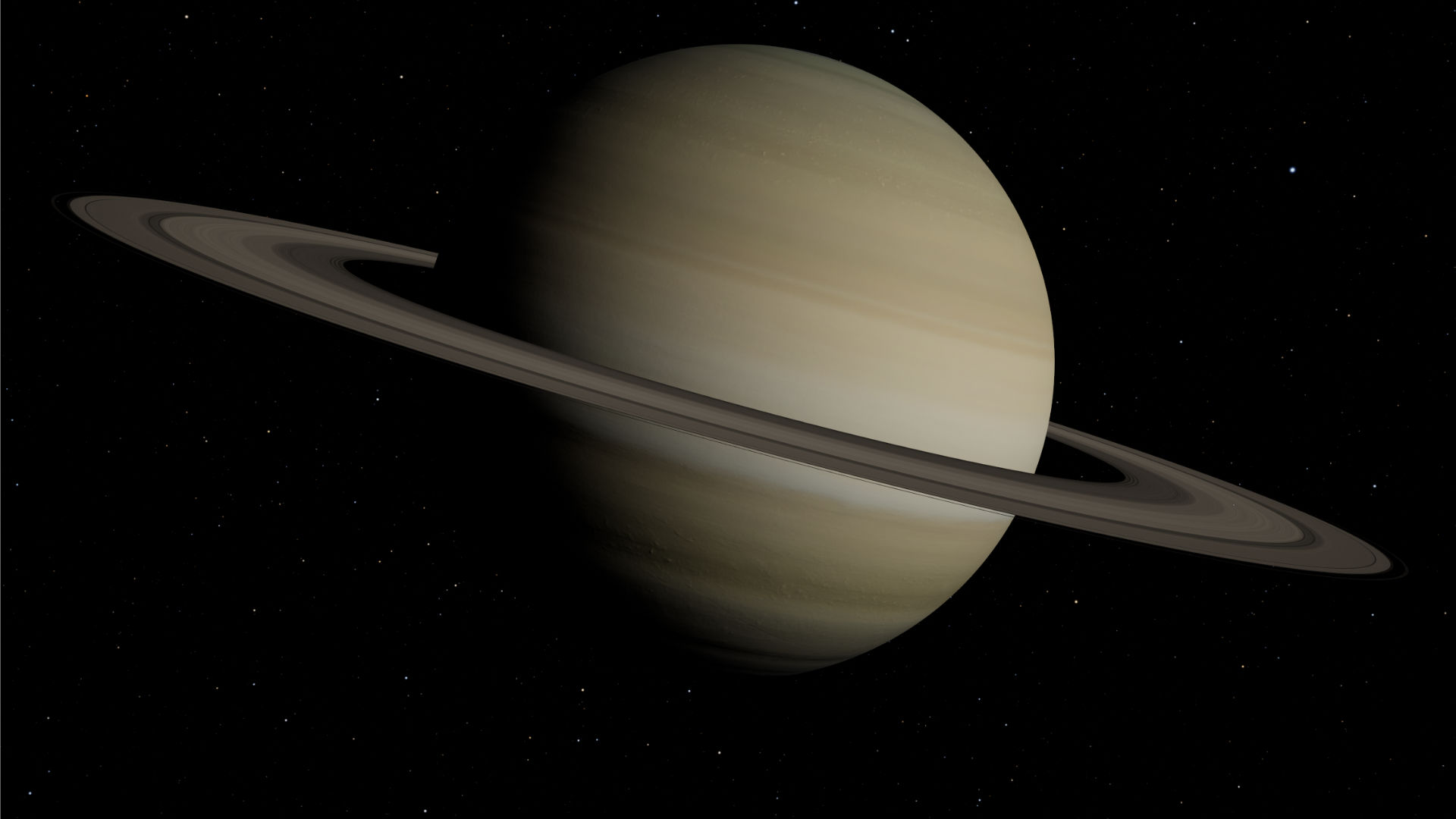 Saturn rendered in the Solar System journey shown inside the VR spacecraft simulator
