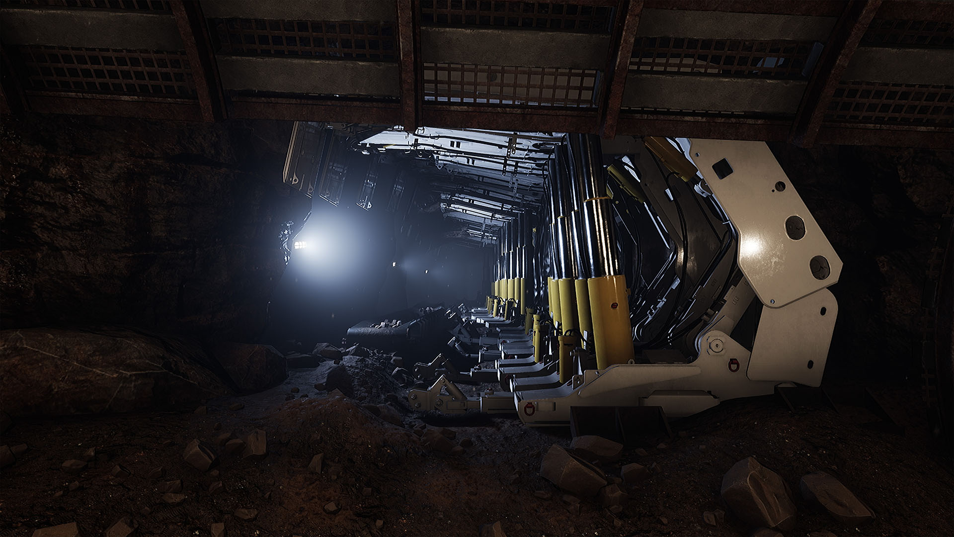 Virtual underground mine tunnel with longwall mining machinery, as recreated in the VR Monorail simulation
