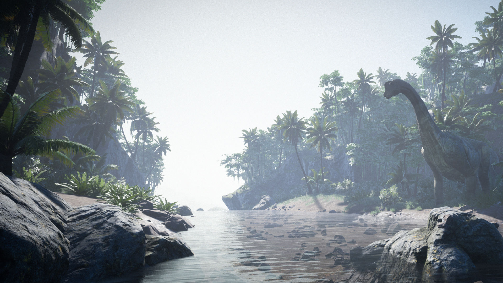 VR monorail entertainment ride passing a prehistoric jungle with a long-necked dinosaur by a river