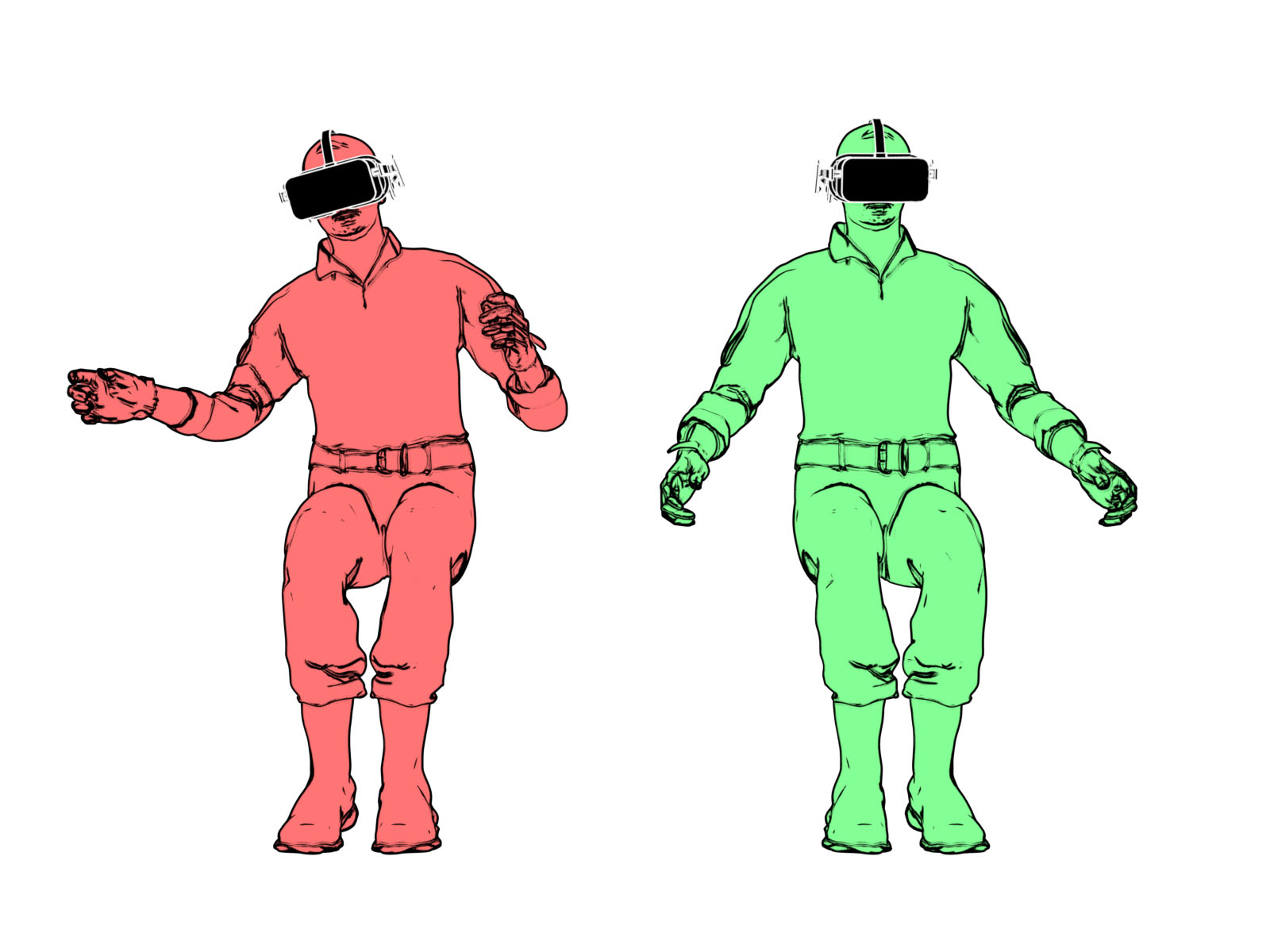 Two VR users side by side: red figure (without motion) shows tense disoriented posture with arms wide; green figure (with motion + VR HeadWay) shows relaxed natural posture