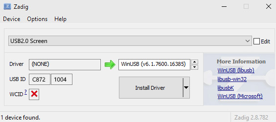 Zadig driver installation for the VoCore USB display