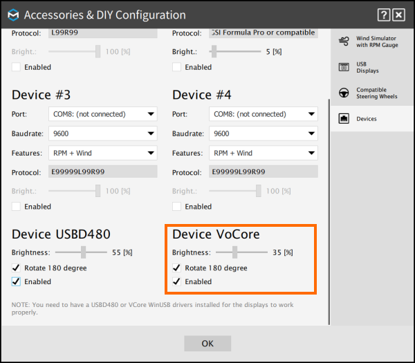 ForceSeatPM Devices section with VoCore Screen enabled